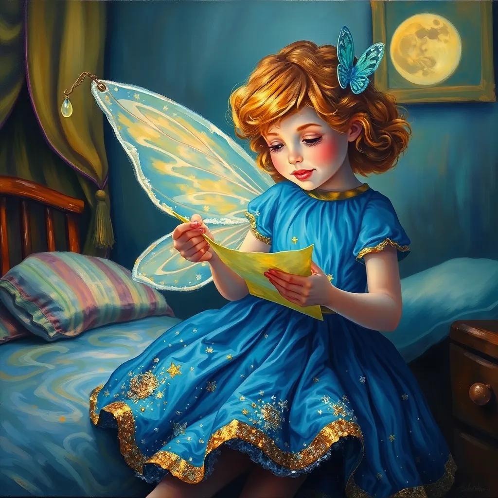 The Tooth Fairy, with glitter-stained dress and golden-edged note, smoothing out a crumpled note in a child's bedroom, illuminated by soft moonlight, whimsical ambiance, charming details, high quality