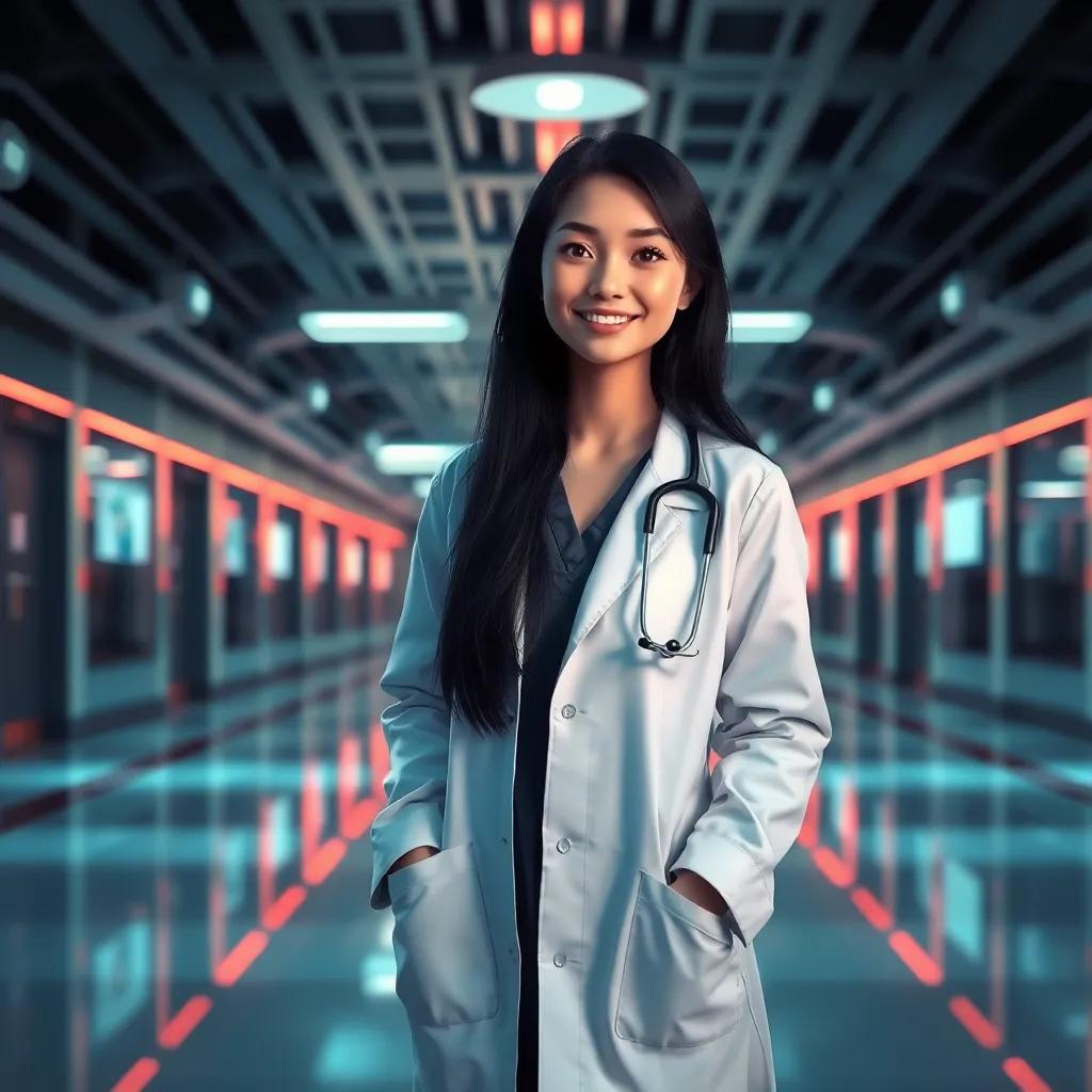 A young female doctor, Dr. Maya, with long black hair wearing a shiny white coat, walking through a futuristic hospital at night, neon lights reflecting on the sterile floor, digital art, high-tech, glowing atmosphere, cinematic lighting, joyful expression, imaginative, soft colors