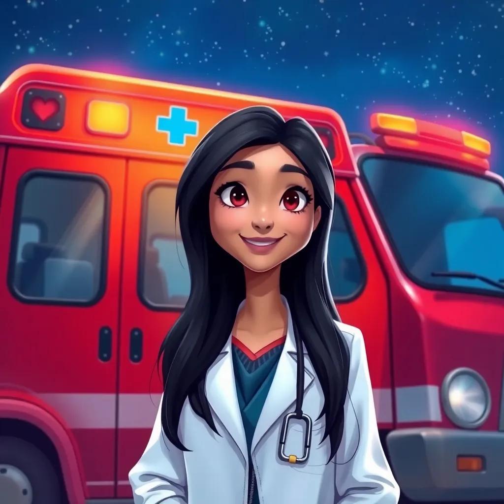 Dr. Maya, a young female doctor with long black hair in a shiny white coat, standing next to a bright red mobile medical unit under a starry sky, determined smile, ready for adventure, digital painting, vibrant colors, heartwarming, high quality