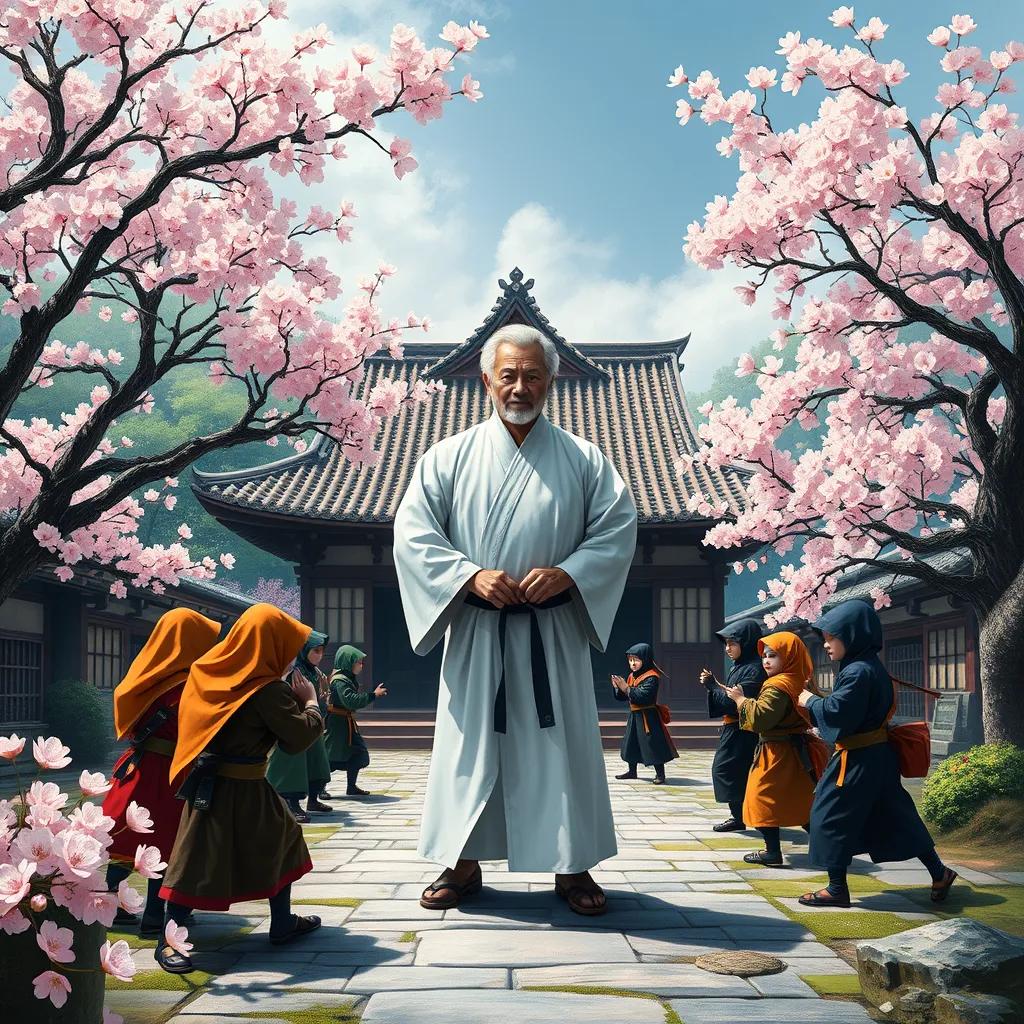 A serene Japanese village surrounded by cherry blossom trees, with a dojo in the center. Sensei Hiroshi, a wise older man with a white kimono and a black belt, stands proudly in front of a group of young ninjas, who are dressed in colorful ninja outfits, practicing their moves with excitement.