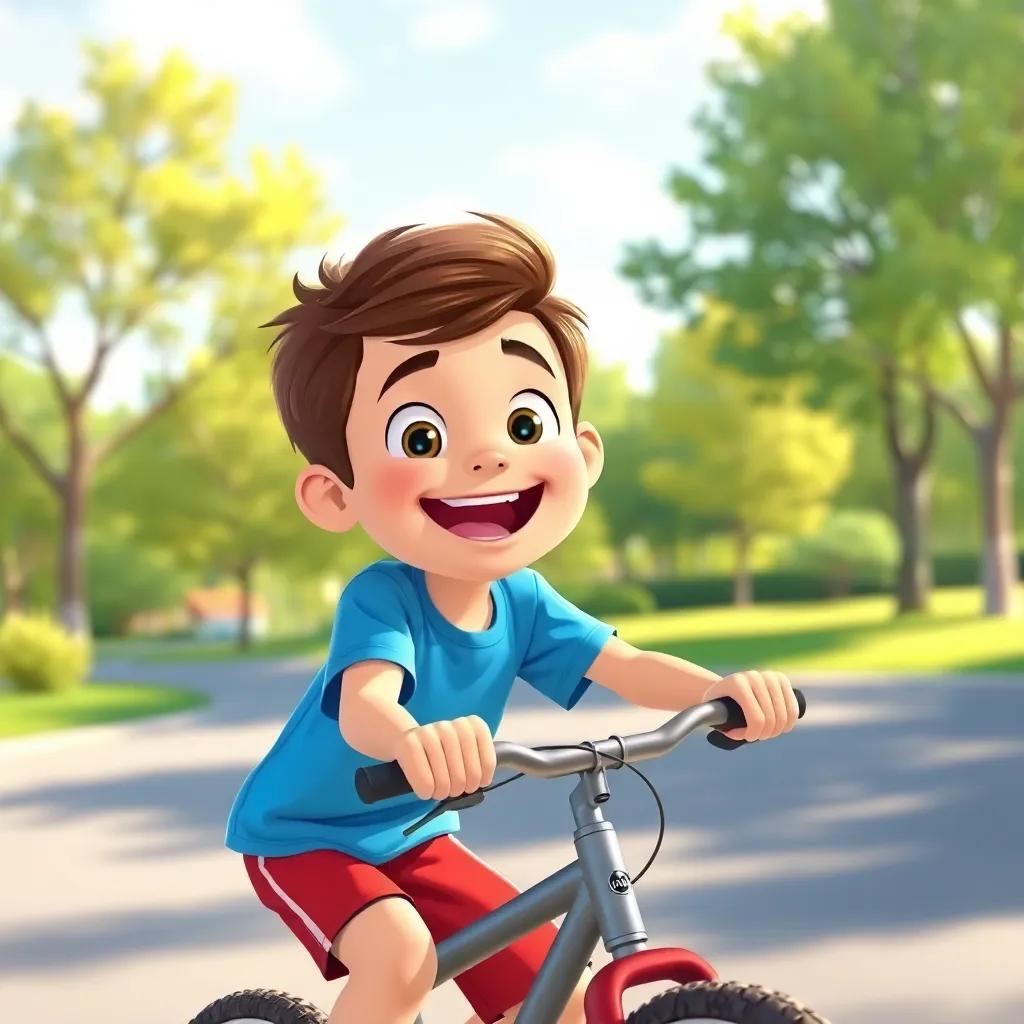 A brave boy named Timmy with short brown hair, wearing a blue t-shirt and red shorts, riding his bicycle, joyful expression, sunny park background, illustrated, colorful, cheerful