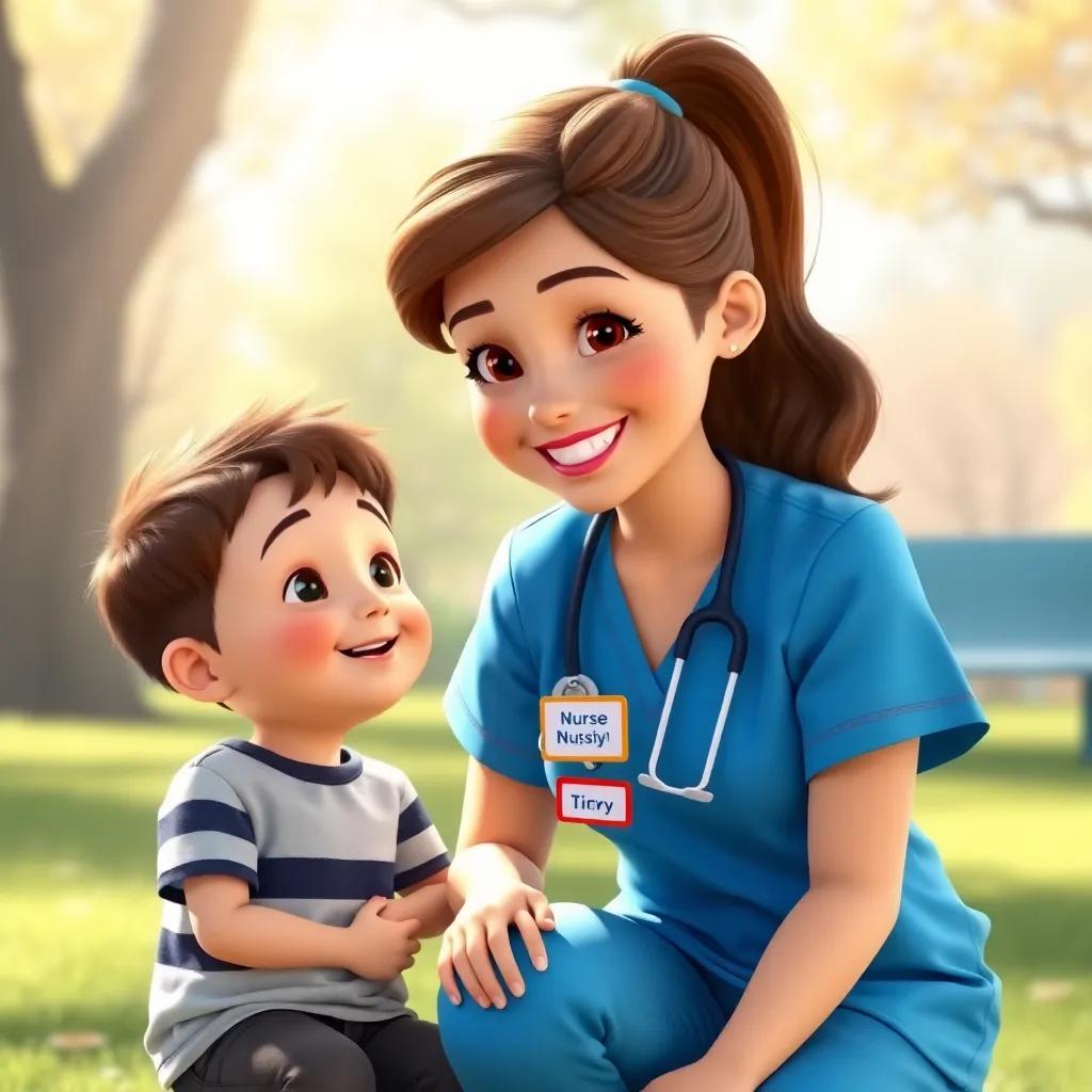 A friendly nurse named Lucy with soft brown hair in a ponytail, wearing bright blue scrubs and a cheerful badge that reads 'Nurse Lucy', kneeling next to Timmy with a warm smile, in a park, digital art, bright atmosphere, caring