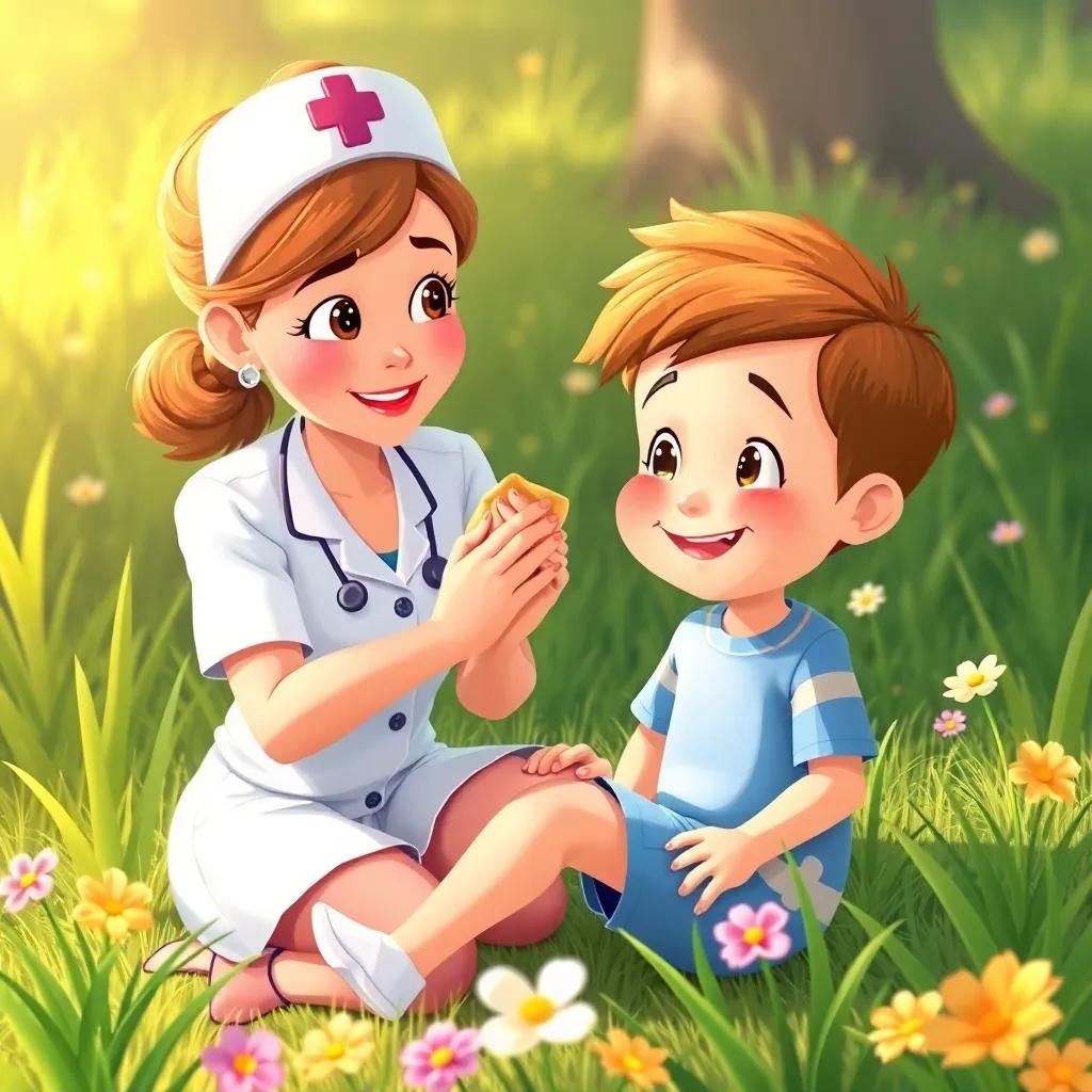 Nurse Lucy gently cleaning Timmy's knee with a warm cloth, Timmy smiling encouragingly, surrounded by green grass and flowers, illustrated, warm light, friendly