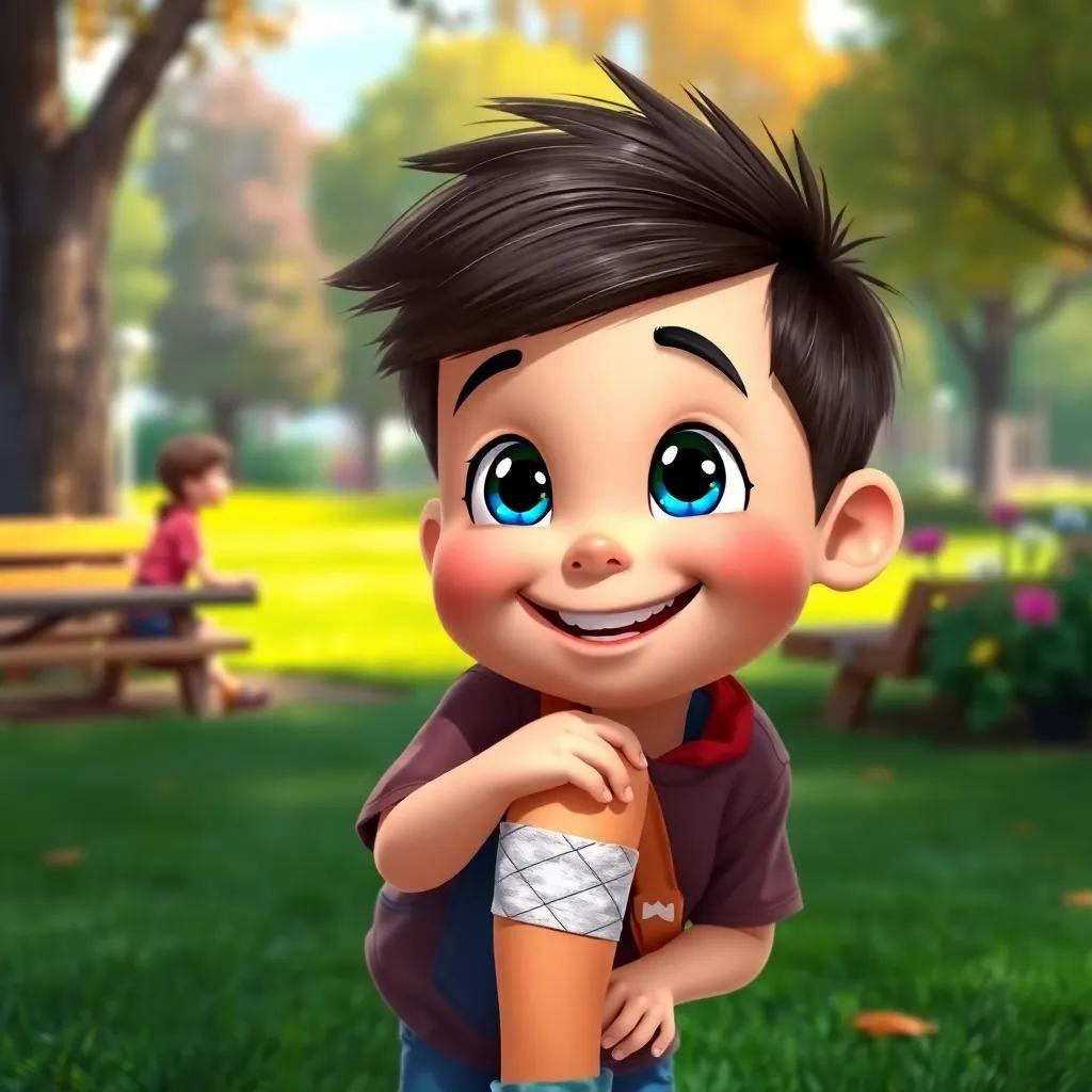 Timmy smiling at Nurse Lucy, bright eyes reflecting joy, with a painted happy face bandage on his knee, vibrant park scene, digital painting, uplifting