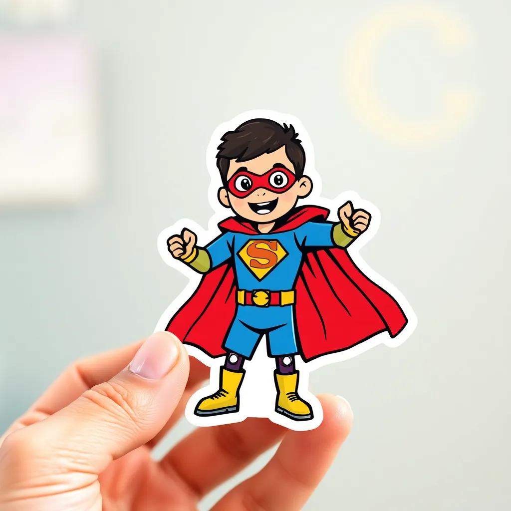 A colorful sticker of a superhero given to Timmy by Nurse Lucy, in his hand, bright colors, cheerful, imaginative, celebrating bravery, joyful atmosphere