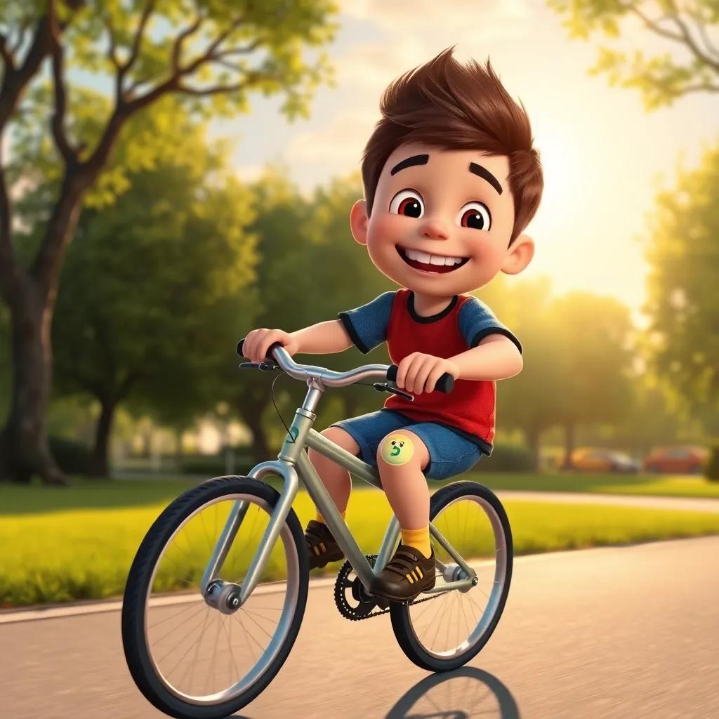 Timmy riding his bike home with a big smile, the magic bandage visible on his knee, trees and the sun shining, cheerful park background, digital art, warm light, playful storytelling