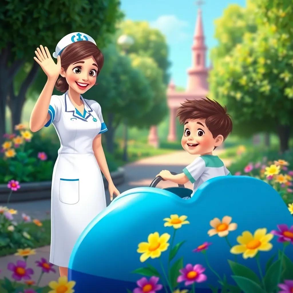 Nurse Lucy waving goodbye to Timmy as he rides safely, Timmy looking back happily, surrounded by bright flowers, joyful park scene, animated style, friendly atmosphere