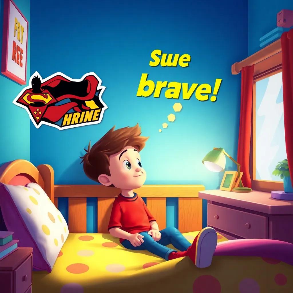 Timmy in his room, looking at the superhero sticker on his wall, dreaming of being brave, colorful bedroom scene, engaging wishful thinking, bright colors