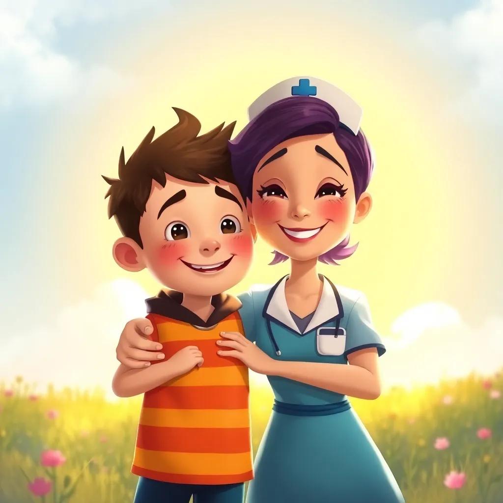 A heartwarming illustration of Timmy and Nurse Lucy together, with a bright sun shining, symbolizing hope and kindness, digital painting, vibrant, inspiring