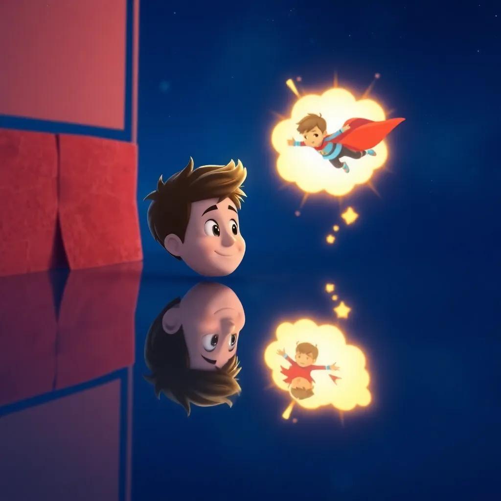 Timmy’s reflection of bravery, helping others like Nurse Lucy, bright thought bubble with a superhero flying, imaginative, colorful, inspiring