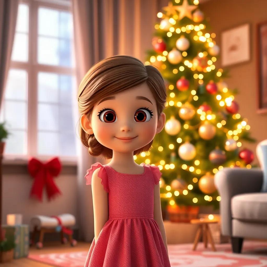 A young girl, Clara, with light brown hair in a pink dress, standing in front of a sparkling Christmas tree decorated with bright ornaments, warm golden lights, cozy living room atmosphere, digital art, cheerful, inviting
