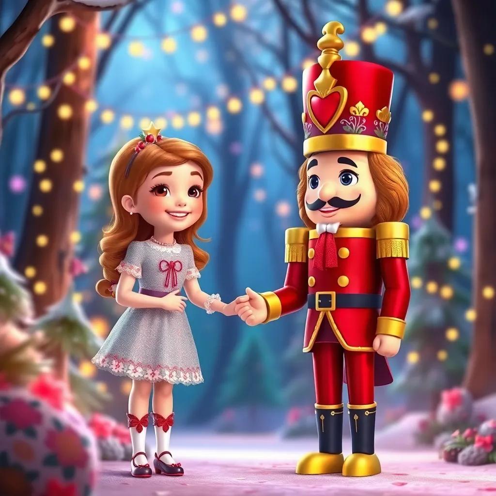 Clara, a young girl with light brown hair in a festive dress, holding hands with a Nutcracker soldier, adorned in regal attire, standing in a magical forest with twinkling lights and candy-colored trees, joyful and enchanting, colorful