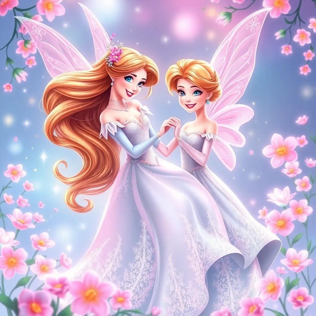 The Sugar Plum Fairy, a beautiful fairy with flowing hair and wearing a shimmering gown, dancing with Clara in a magical dream, surrounded by flowers and sparkles, bright pastel colors, cheerful, whimsical
