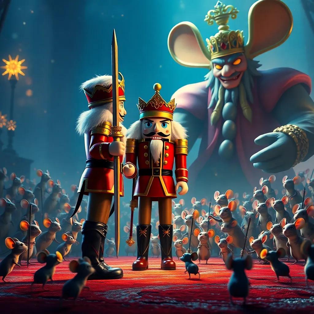A brave Nutcracker soldier, standing tall and proud with a sword, facing a giant Mouse King with an army of small mice, in an action-packed scene filled with excitement and tension, dramatic lighting, colorful and vibrant