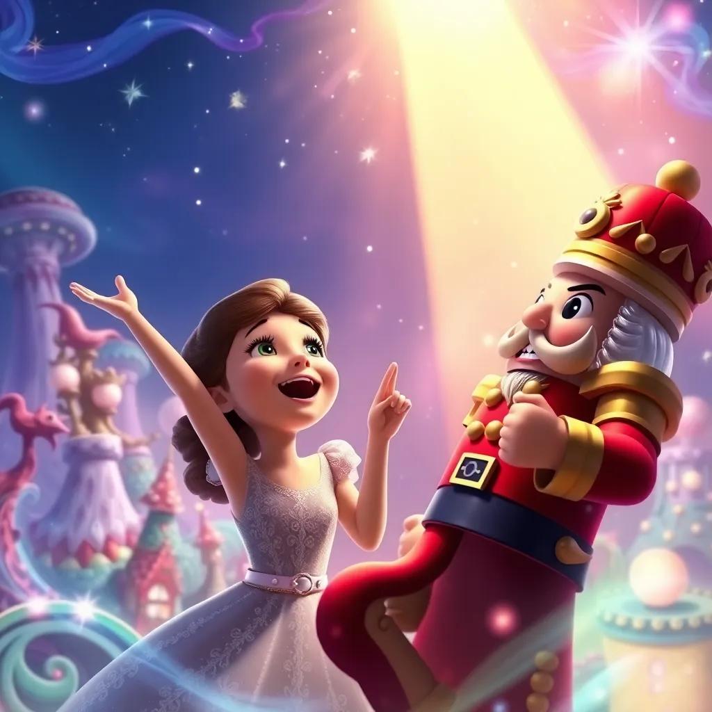 Clara cheering with joy, watching the Nutcracker battle the Mouse King, all set in a magical land with swirling colors and stars shining above, filled with a sense of adventure and thrill, bright, engaging, fun