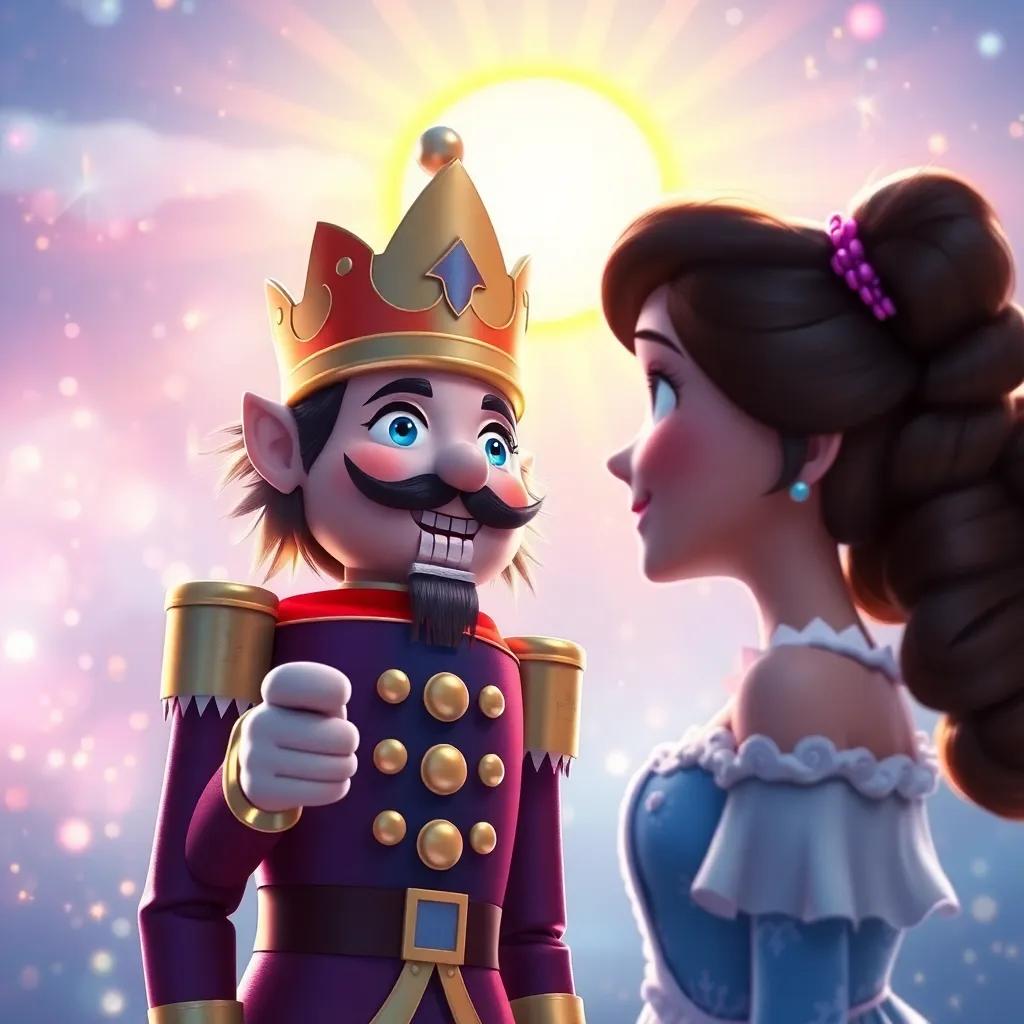 The victorious Nutcracker, now a handsome prince, smiling at Clara in a dreamy background filled with sparkling lights and a rising sun, symbolizing friendship and bravery, magical and heartwarming, soft colors, dreamy