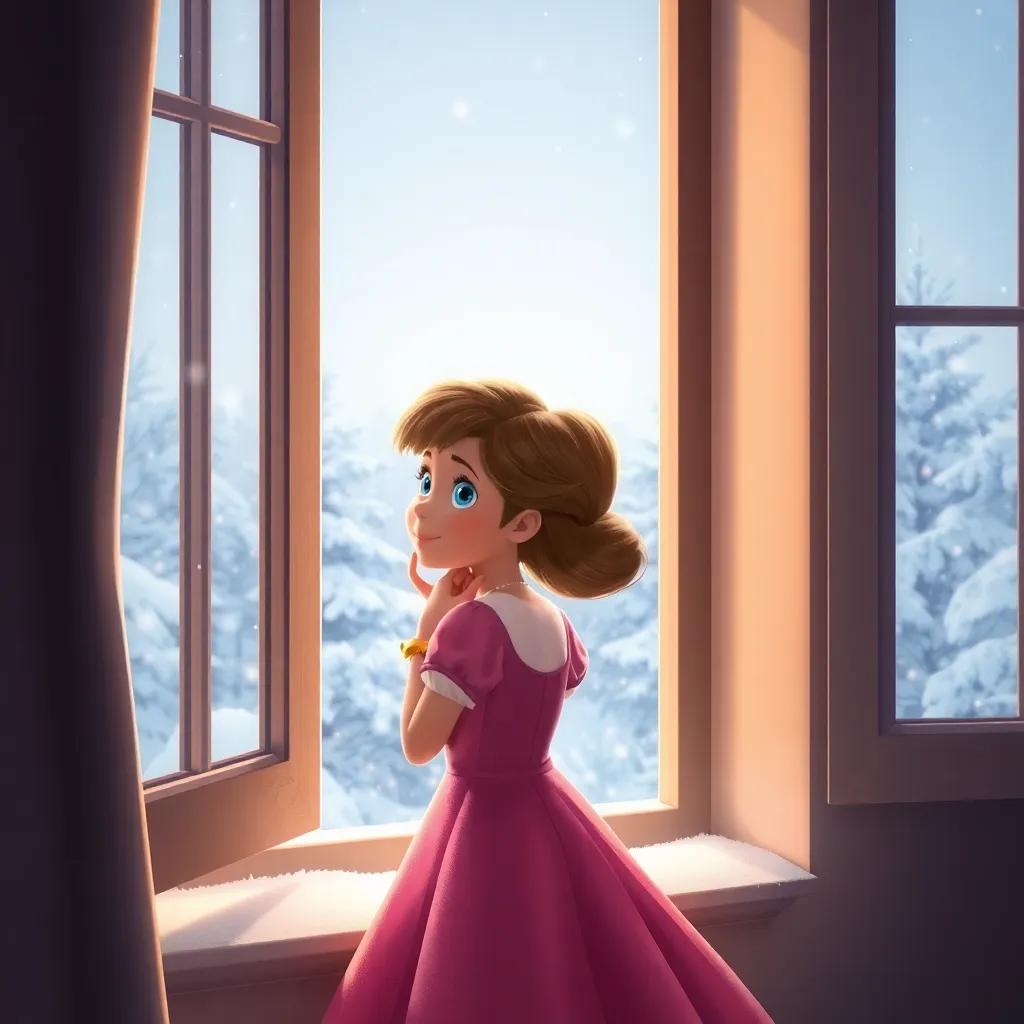 Clara, a young girl with light brown hair in a pink dress, looking thoughtfully out of a window on a snowy morning, the world outside glittering with snow, representing hope and magic, peaceful, serene, warm