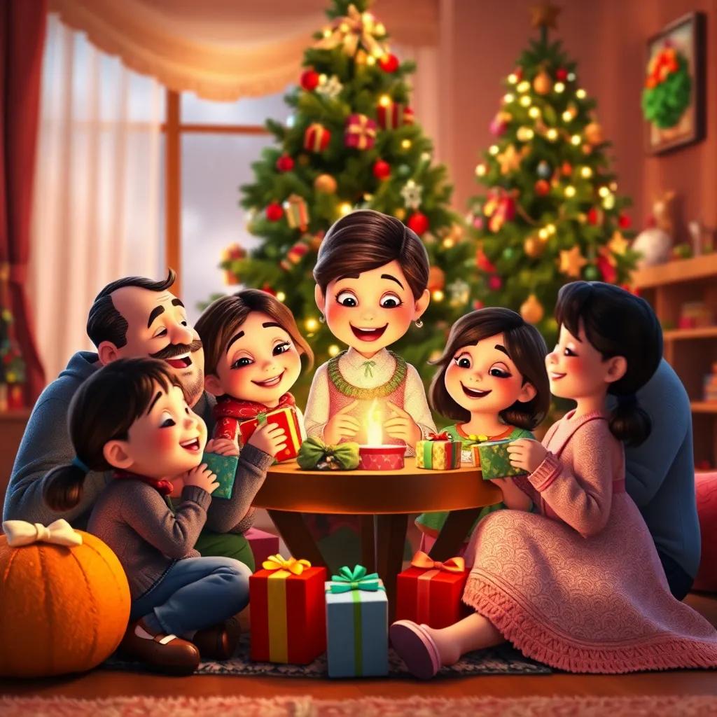 A cozy family scene with Clara and her family gathered around the Christmas tree, joyfully exchanging gifts, warm ambiance with soft lights, heartwarming and festive, loving and cheerful