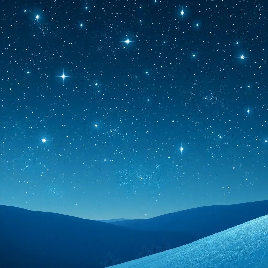 A beautiful starry night sky filled with twinkling stars, symbolizing dreams and magic, over a snowy landscape, creating a sense of wonder and serenity, peaceful and enchanting