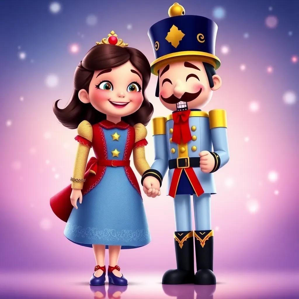 Clara and the Nutcracker, both smiling with joy, standing hand in hand with a background of a bright magical sky, representing love and friendship, colorful and inviting, cheerful and heartwarming