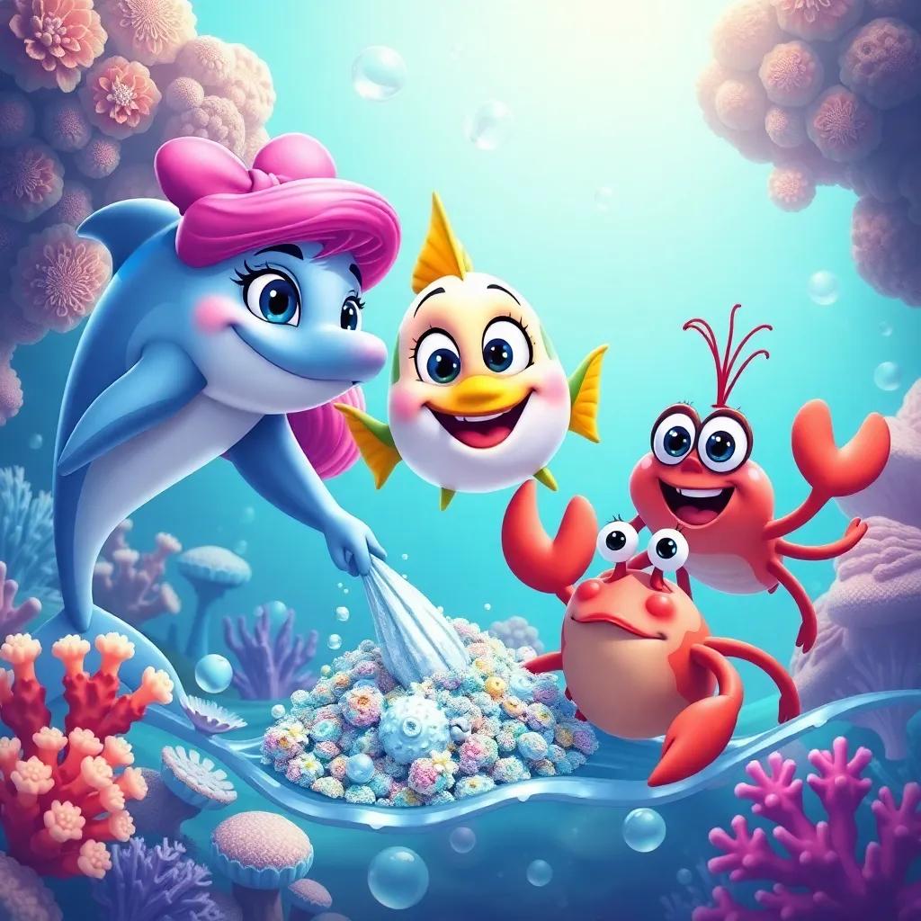 A group of sea animals including Daisy the dolphin, Finley the fish, and Sally the crab, working together to clean the ocean, cheerful expressions, colorful corals and clear water around, teamwork theme, lively, bright colors, positive atmosphere, illustration