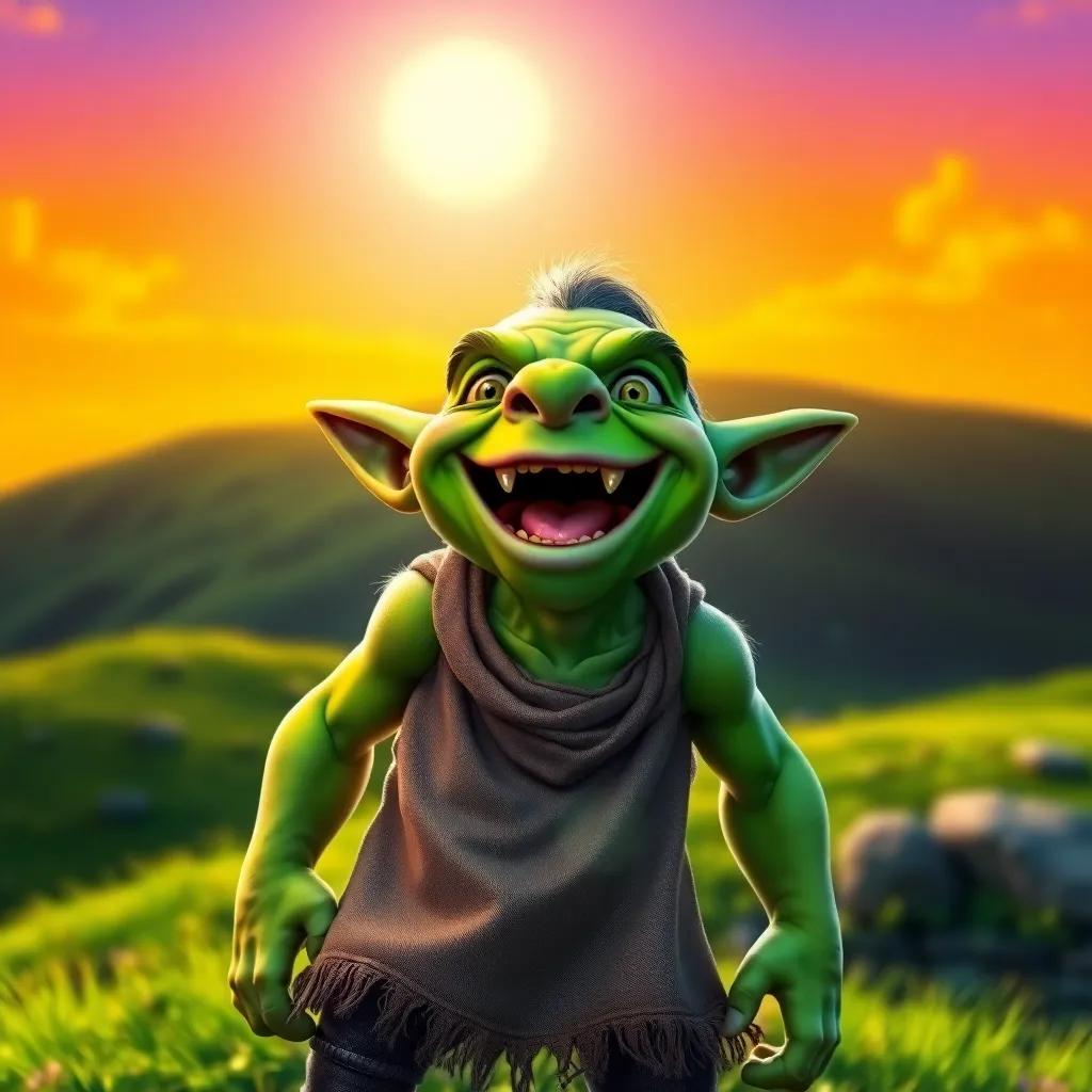 A cheerful orc, Grak, with bright green skin and large pointy ears, standing on a green hill under a bright sun, wearing a simple cloth, excitedly shouting with a big smile, colorful background, digital art, vibrant colors, joyful atmosphere, high quality