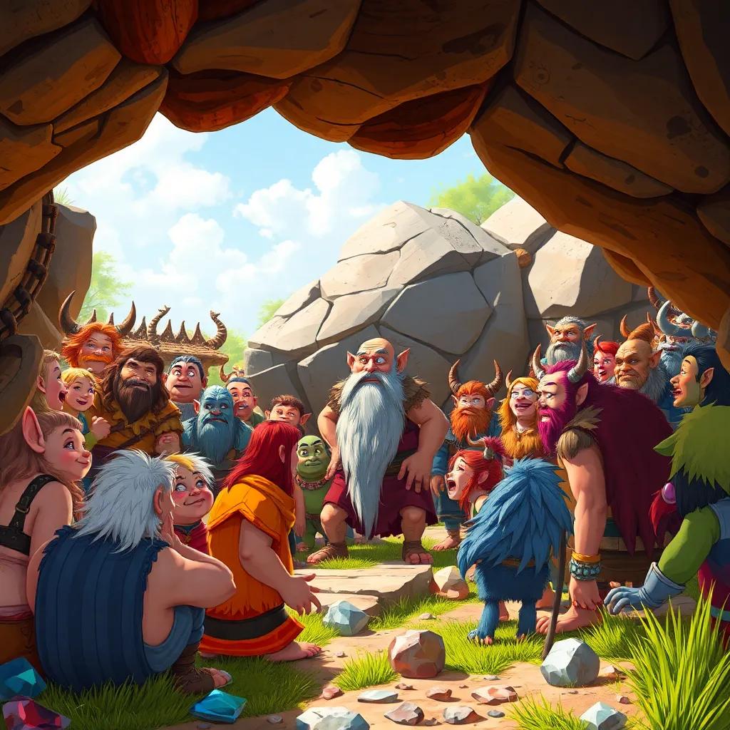A gathering of orcs around the Great Rock, filled with colors, various orcs, all enthusiastic, some with shiny stones, listening to a wise old orc, Kreeg, with grey skin and a long beard, standing and speaking, cheerful energy, illustration, lively scenery, child-friendly