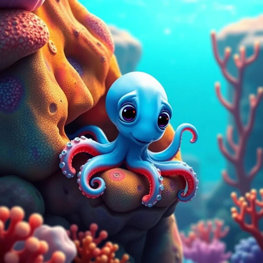 An octopus, Ophelia, with vibrant blue skin, peeking out from a colorful coral rock in the ocean, playful underwater scene, digital illustration, fun and colorful, joyful clarity, high quality