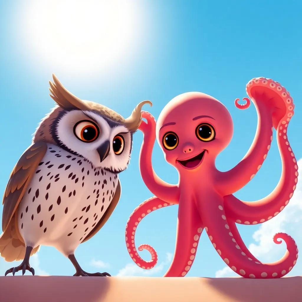 An owl and an octopus together under the sunny sky, the owl looking down while the octopus waves her arms, playful atmosphere, whimsical digital art, bright colors, clear perspective, high quality