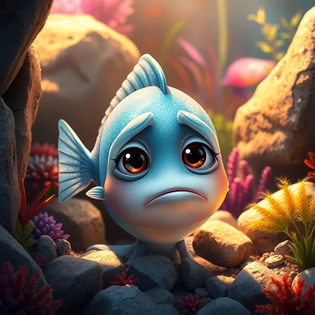 A sad little fish with big eyes and shimmering scales, looking upset among rocks, underwater scene filled with colorful plants, illustration, emotional, warm light, engaging detail, high quality