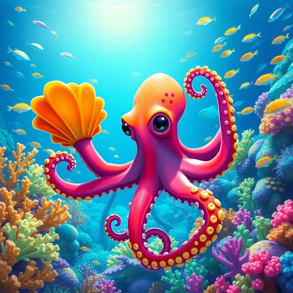 An octopus lifting vibrant shells under the sea, full of bright corals and schools of fish around, adventure theme, colorful underwater digital art, cheerful mood, high quality