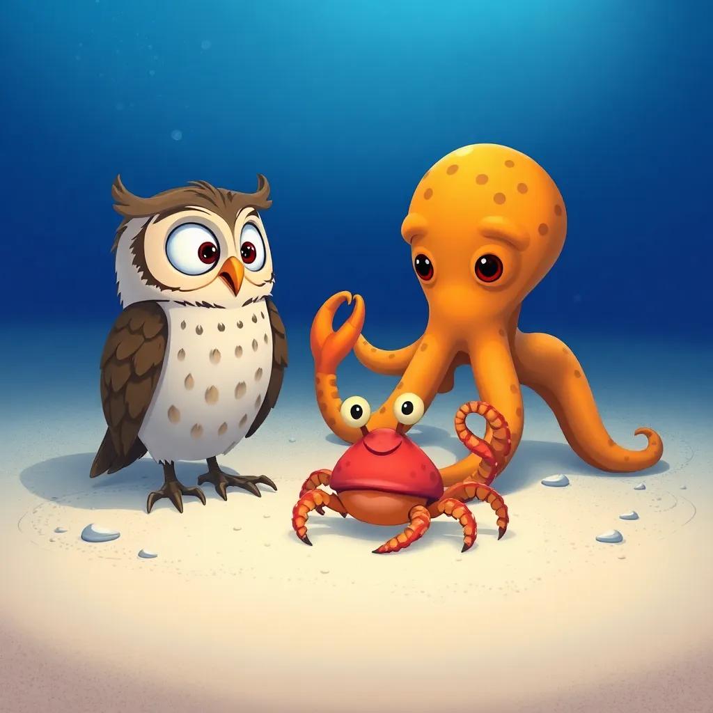 An owl and octopus chatting with a friendly crab on the sandy ocean floor, inviting atmosphere, whimsical illustration, detailed colors, heartwarming scene, high quality