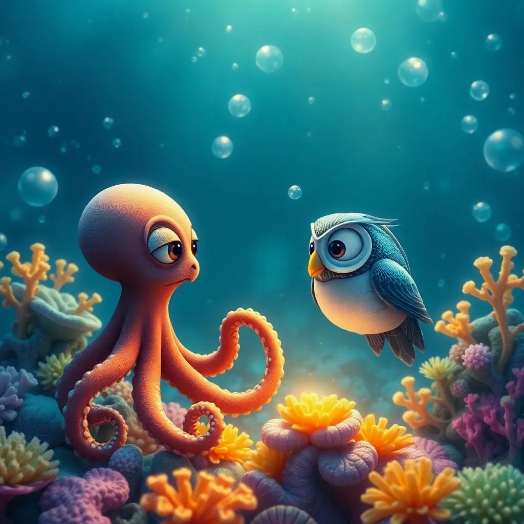 An octopus and owl talking to a sad fish, the sea around them filled with beautiful corals and shining bubbles, magical atmosphere, charming digital art, uplifting scene, high quality