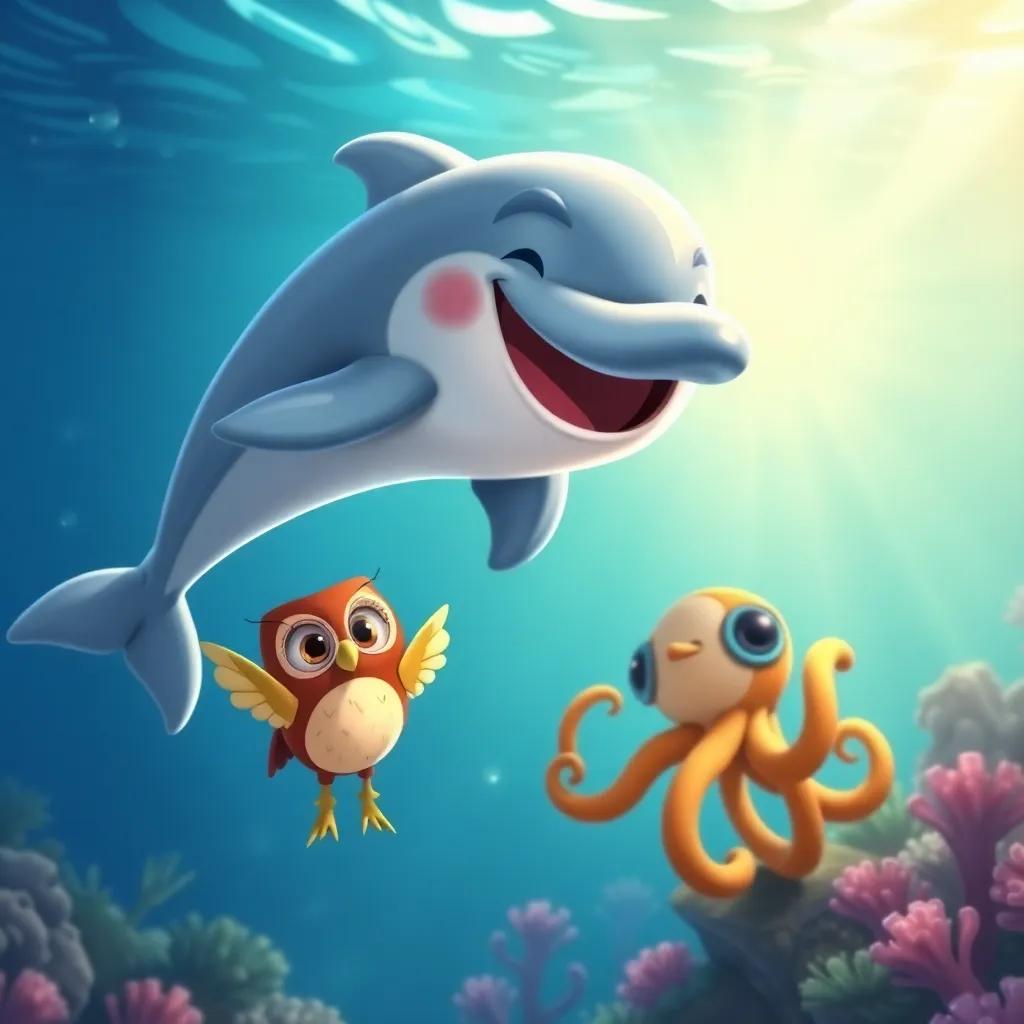 A dolphin swimming with a big smile, leading the owl and octopus to the reef, bright sunlight filtering through the water, cheerful underwater scene, engaging illustration, vibrant colors, high quality