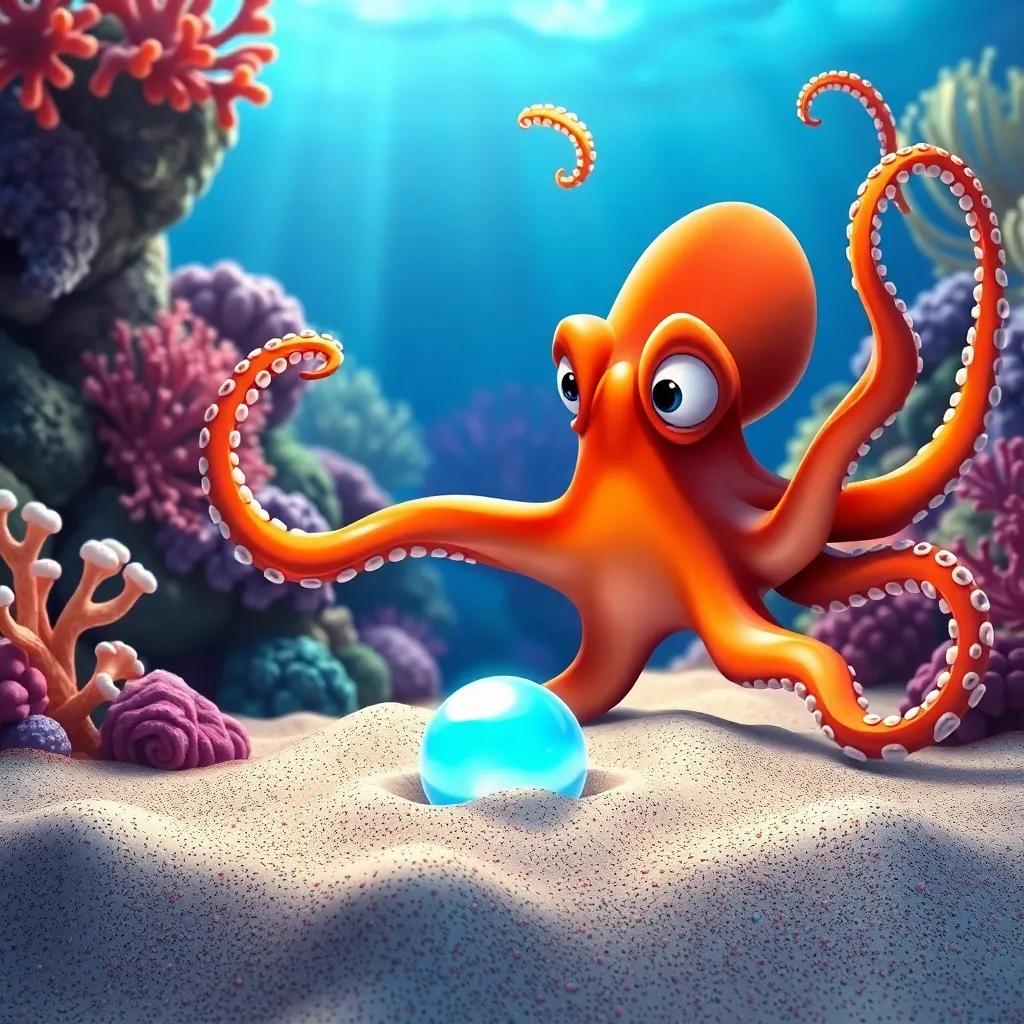 A sparkling pearl sitting among sand at a colorful reef, the octopus reaching out to grab it with excitement, underwater adventure scene, vivid colors, enchanting illustration, high quality