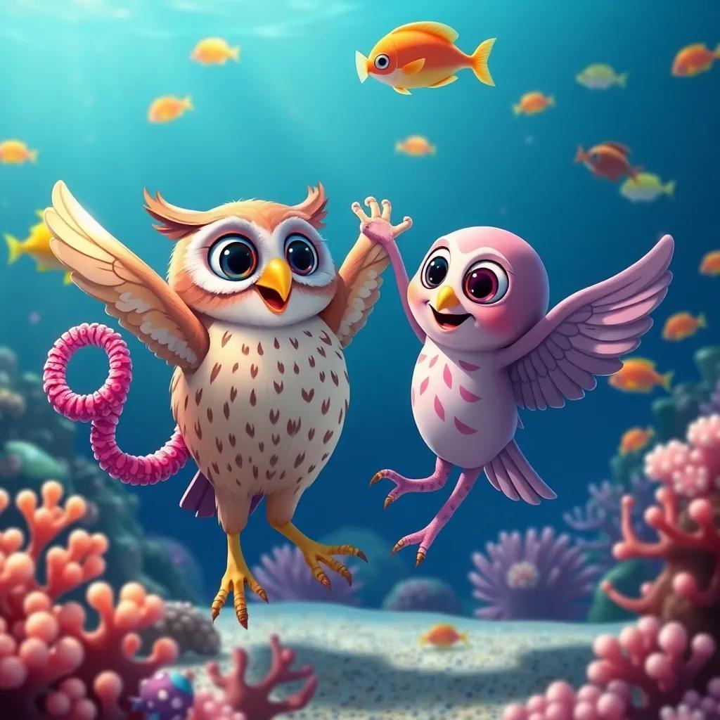 An owl and an octopus dancing happily together in the sea, surrounded by bright fish and coral, joyous atmosphere, cheerful digital art, engaging colors, high quality