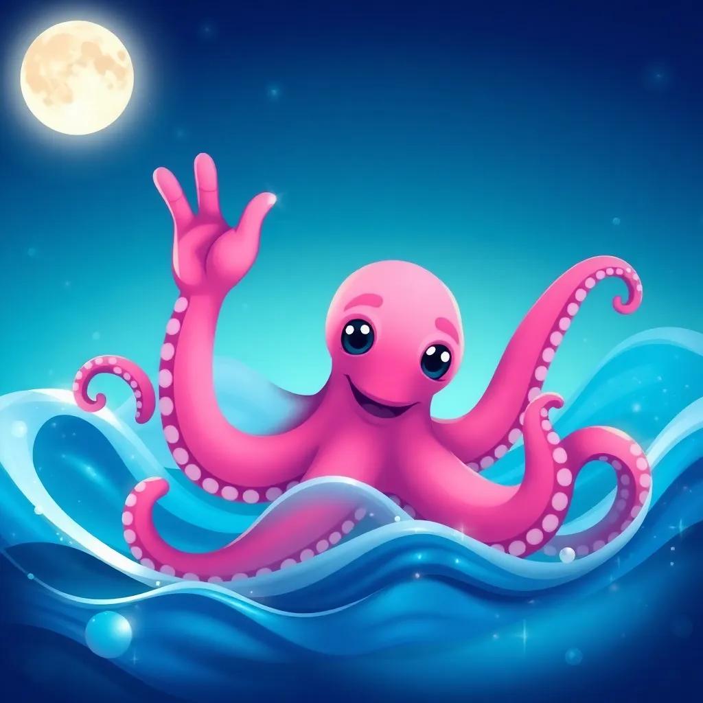 An octopus waving from the water, vibrant pink and blue colors, surrounded by sparkling waves, cheerful expression, arms wiggling in the moonlight, colorful illustration, playful and inviting scene, high quality