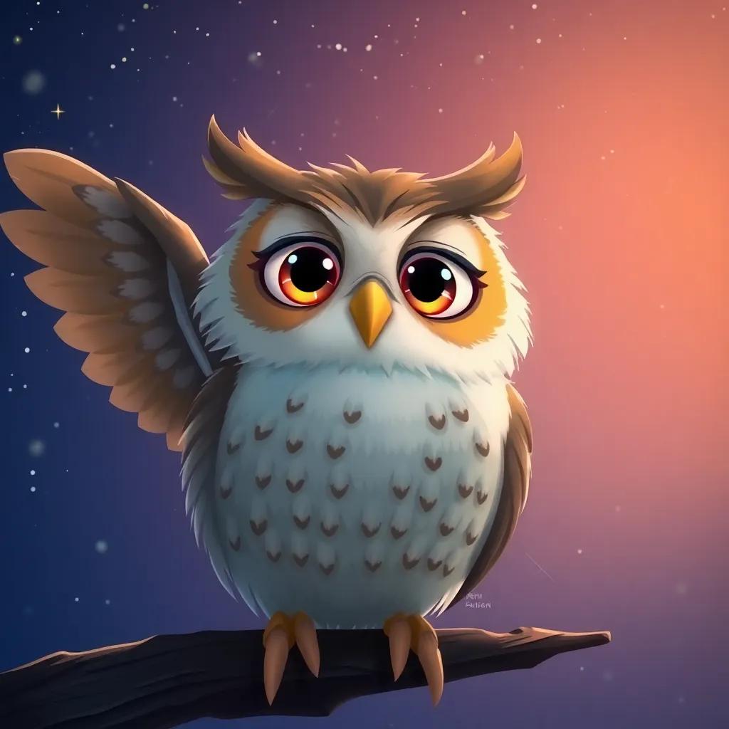 An owl looking worried as he flaps his wings, with big expressive eyes, against a starry sky, a cozy scene of night, digital painting, warm and soft colors, child-friendly, high quality