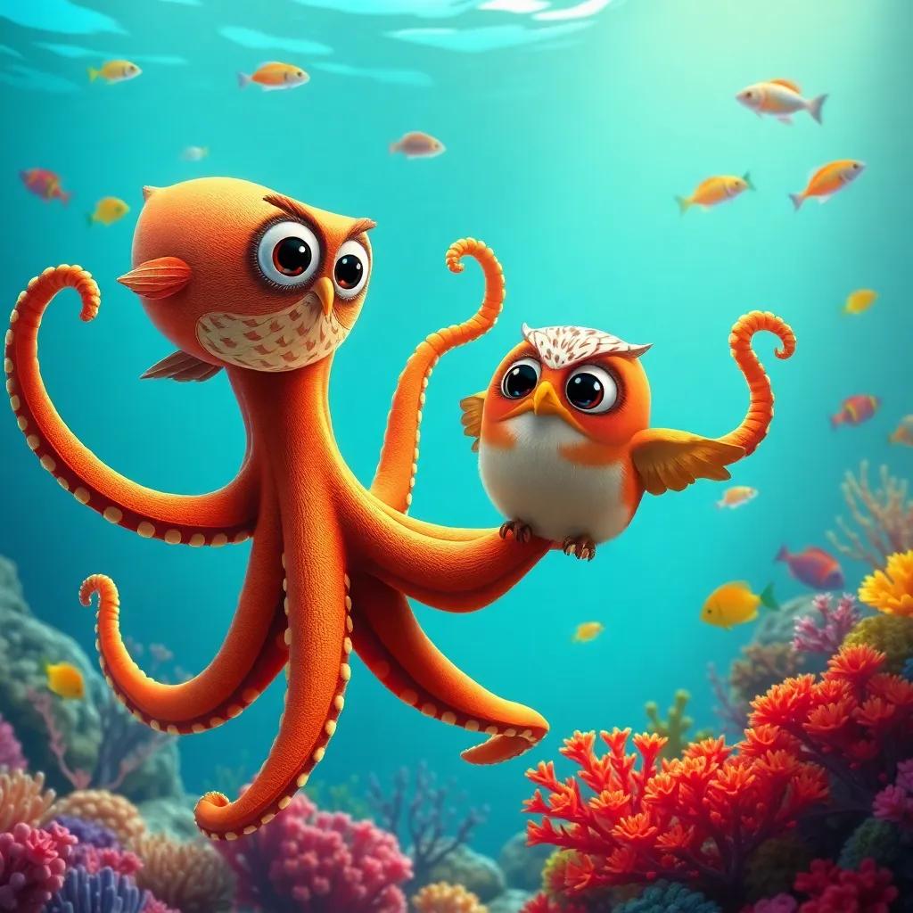 An octopus extending her arm to an owl, with eight colorful arms and a friendly smile, underwater view with bright corals and fishes swimming around, joyful atmosphere, artistic rendering, high quality