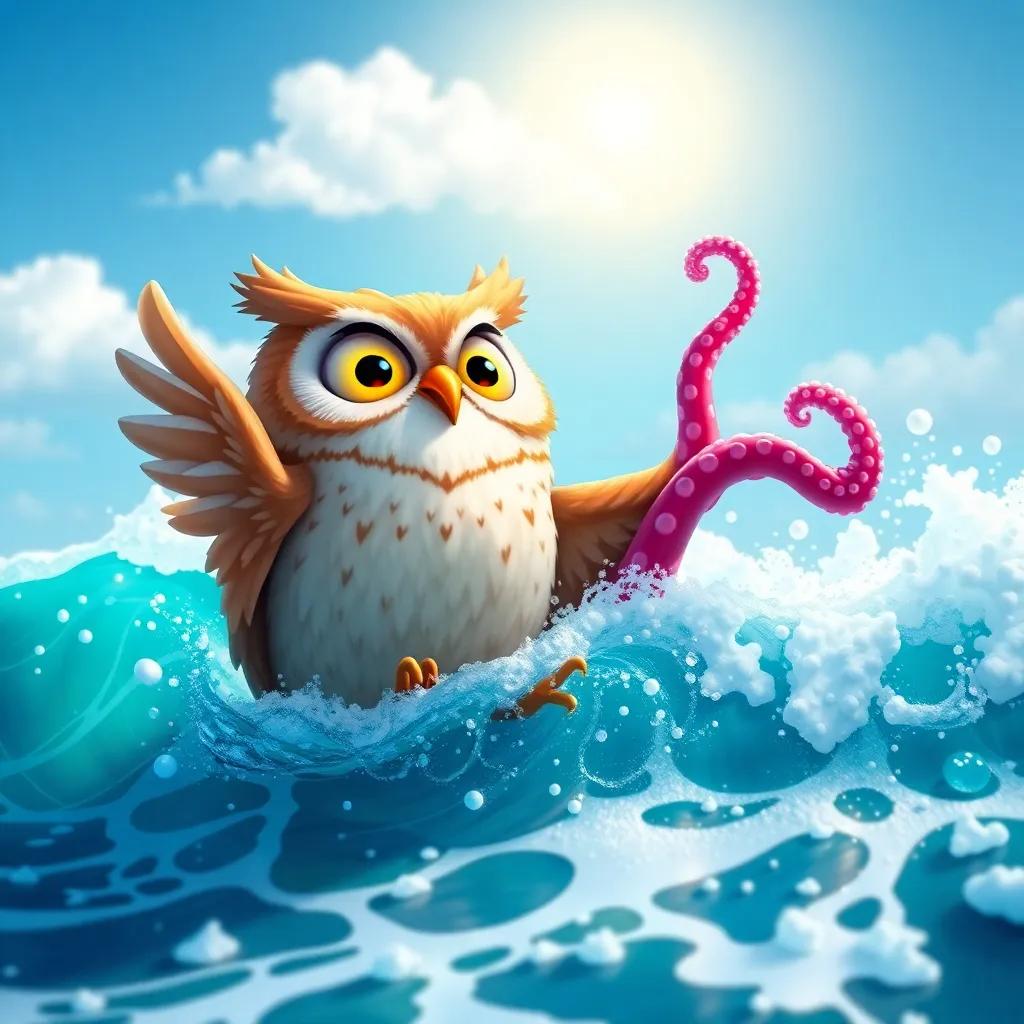 An owl holding on tight to an octopus's arm, splashing through the waves, with laughter and excitement, bright ocean colors and sunny sky, playful and vibrant, high quality