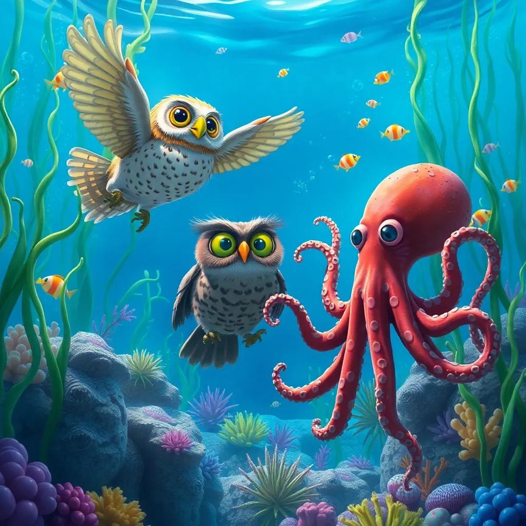 An underwater scene with an owl and an octopus exploring, seaweed forests and colorful fishes swimming around, a magical and adventurous vibe, digital art, vivid colors, high quality