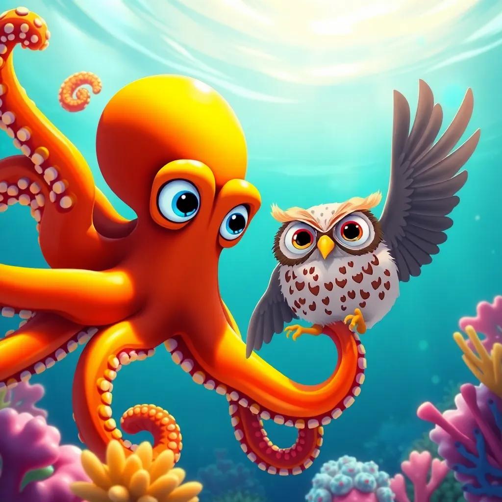 An octopus and an owl diving deeper into the sea, bright colors and whimsical sea creatures, feeling brave and adventurous, artistic scene, charming and captivating, high quality