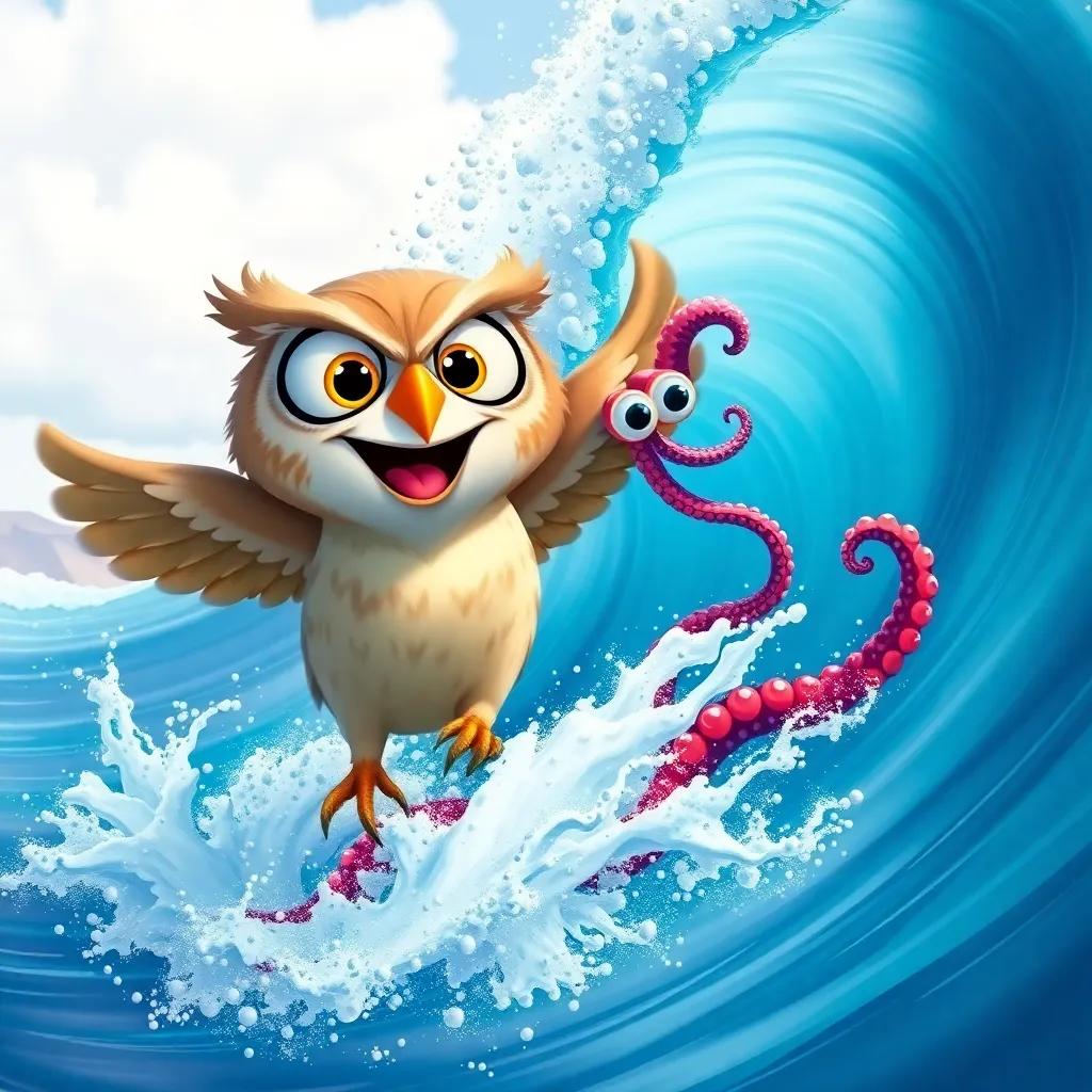 An owl and an octopus riding a big wave together, joyful expressions, splashing water and fun-filled scene, vibrant colors in a playful atmosphere, high quality