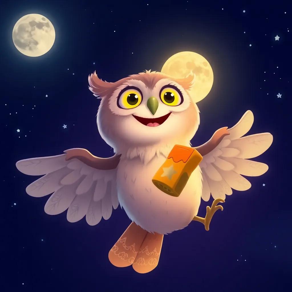 An owl with a bright smile flying back home, holding a snack in its wing, under a starry night sky, warm glow of the moon, inviting and comforting, digital art, high quality