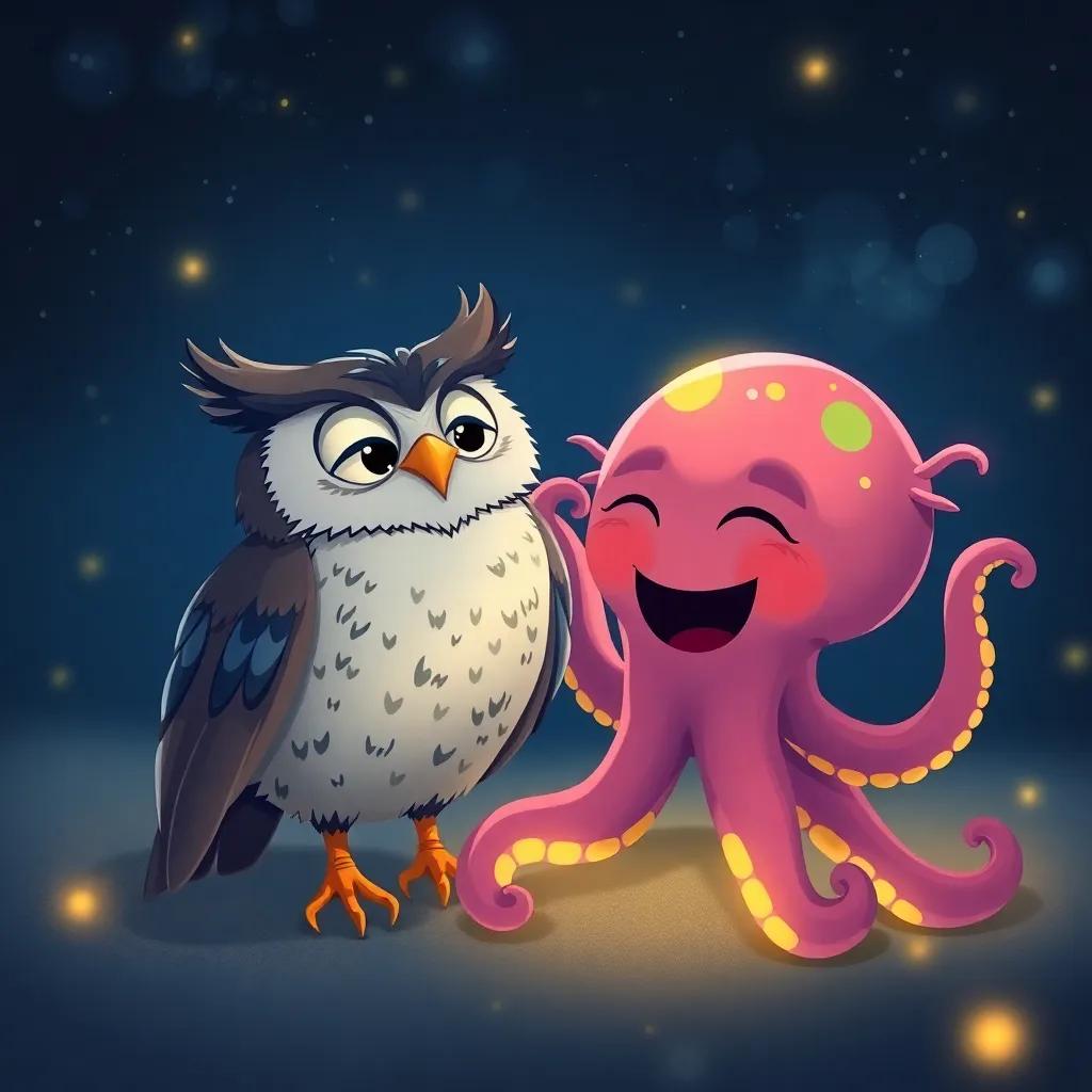 An owl and octopus laughing together as the night goes on, a warm friendship glow around them, magical and friendly atmosphere, whimsical illustration, vibrant colors, high quality