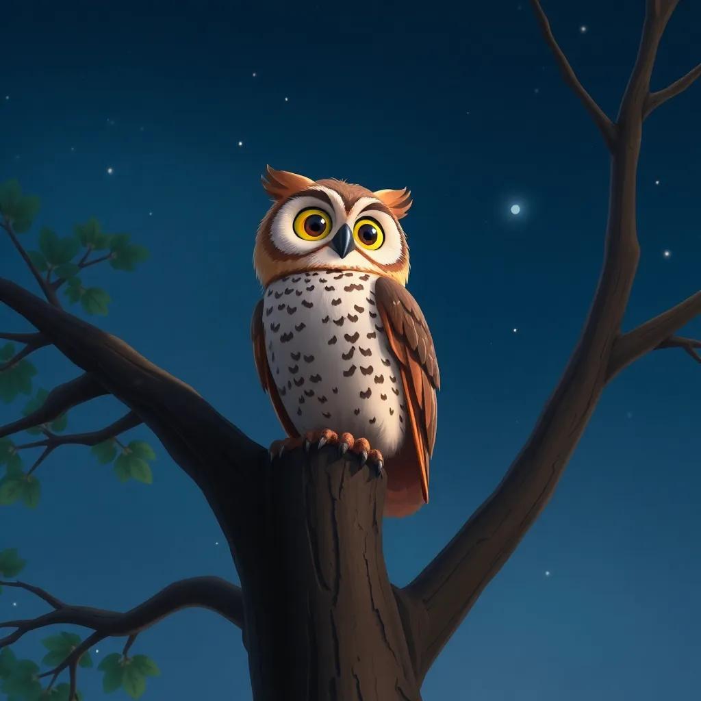 An wise owl sitting on a tall tree branch at night, looking around with big bright eyes, with stars shimmering in the clear sky, digital art, serene atmosphere, soft colors, high quality