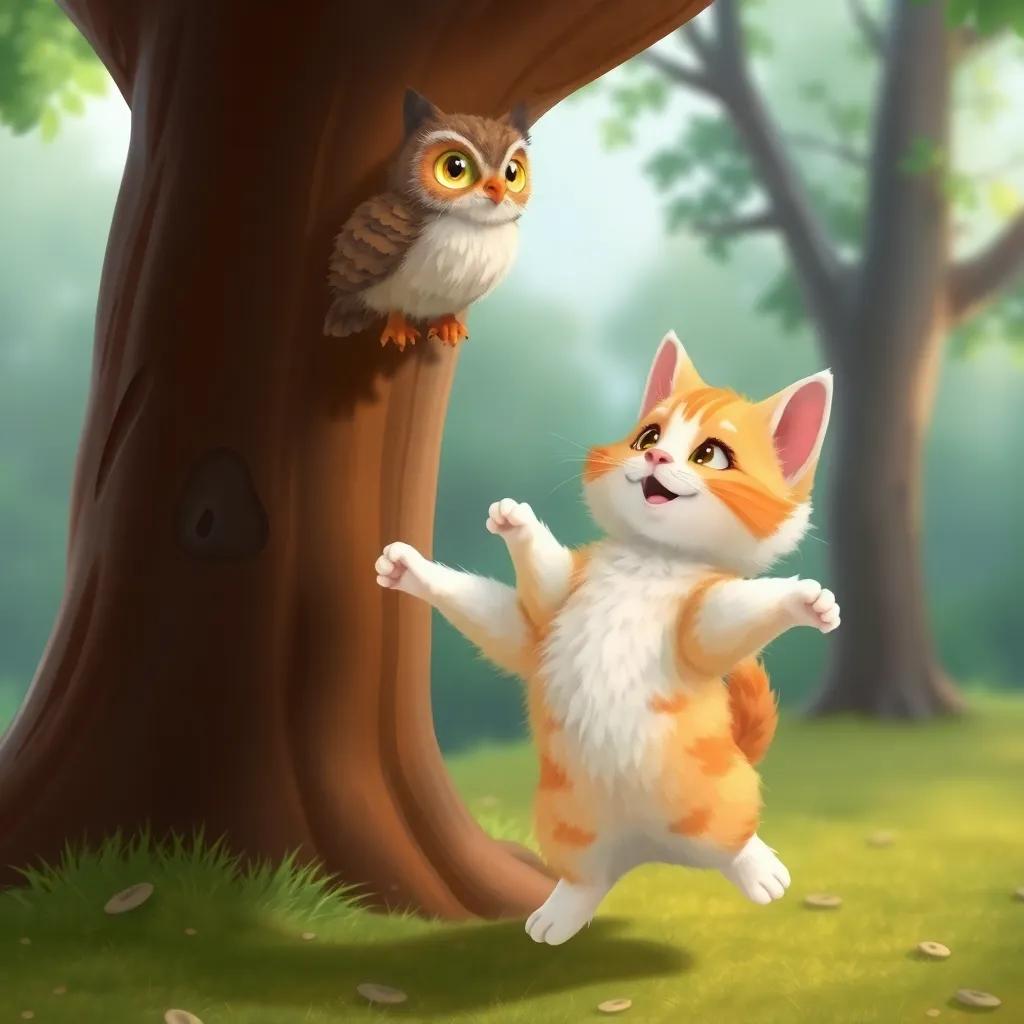 A fluffy orange and white cat jumping and playing at the foot of the tree, looking up at the owl, with a playful expression, illustration, cheerful, inviting manner, colorful details