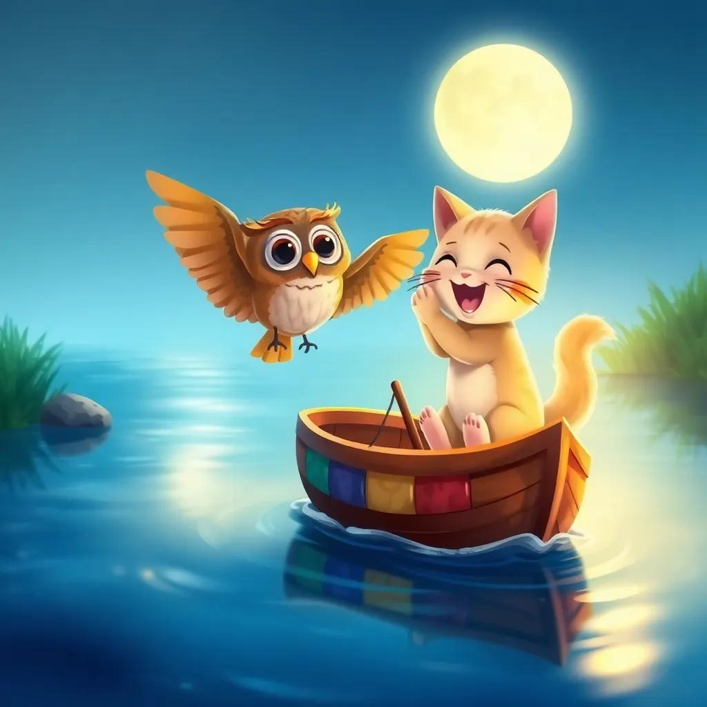 A small, colorful boat on the river, with the owl steering using his wings, and the kitty singing happily, blue water reflecting the moonlight, digital drawing, lively, child-friendly, warm light