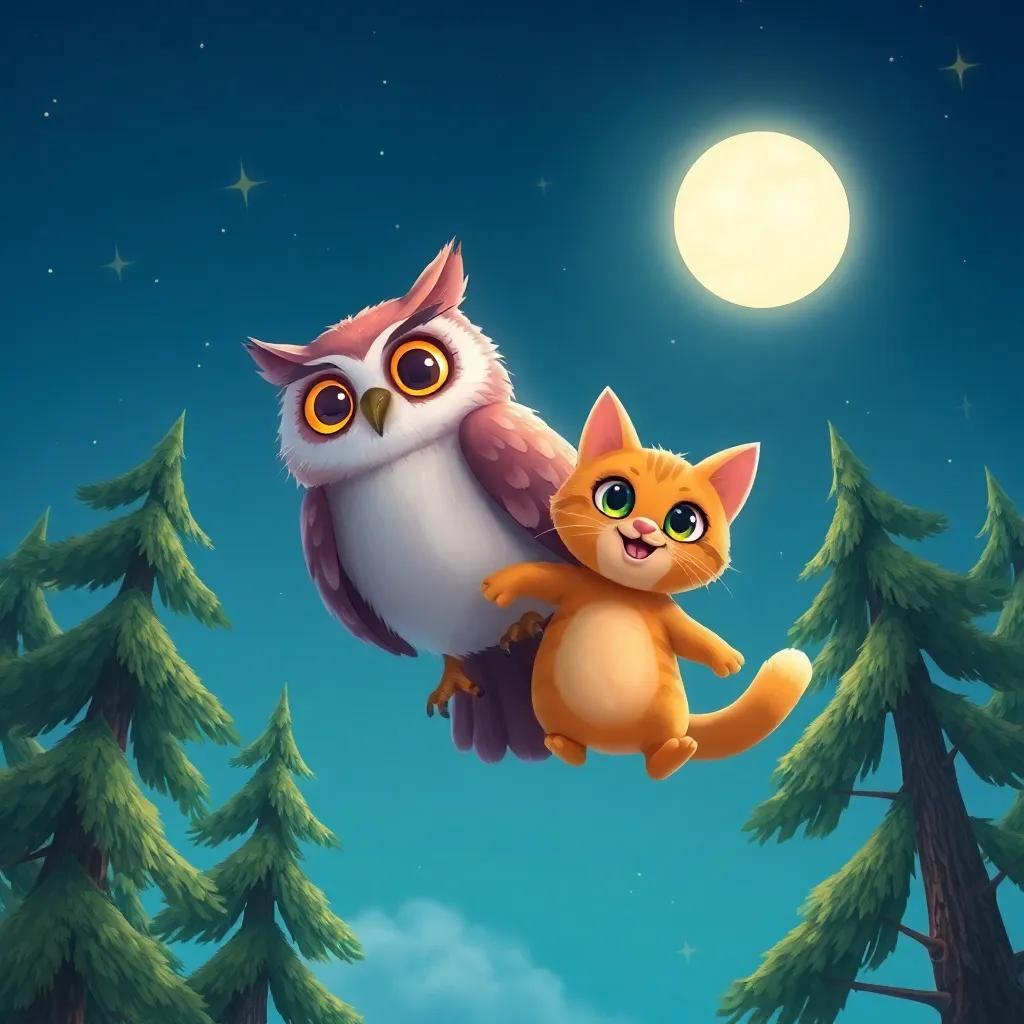 The owl and the kitty floating together, passing by tall trees and stars in the sky, the moon shining brightly above, art, whimsical and magical, vibrant colors