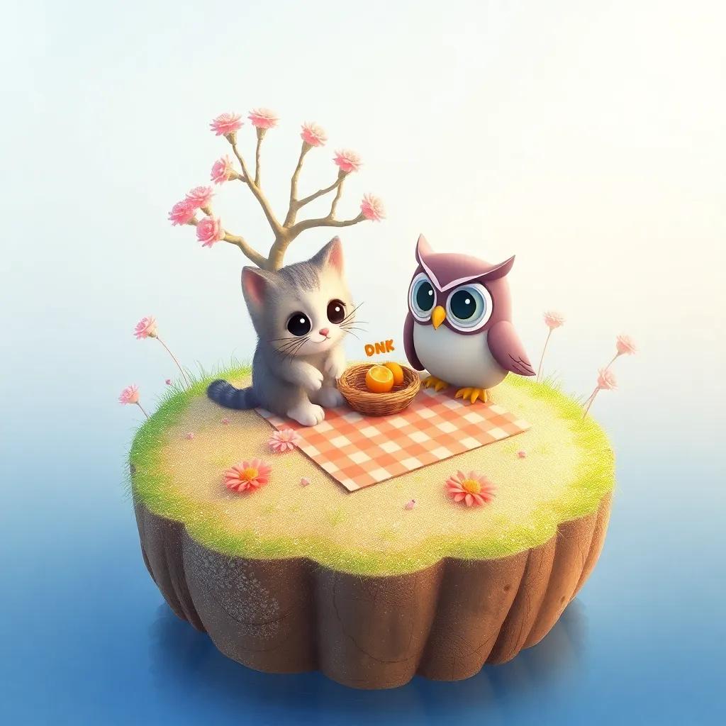 The tiny island with glittering sand and grass, where the kitty and owl are having a picnic, surrounded by soft grass and colorful flowers, illustration, fun and friendly scene, inviting